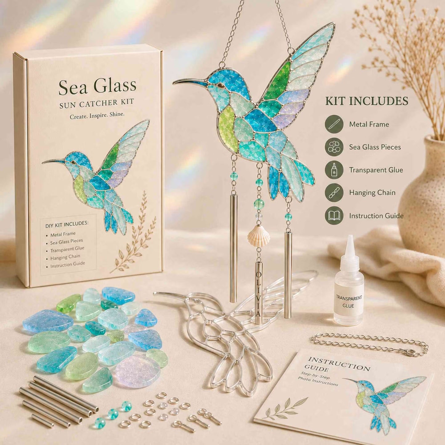 🔥Holiday Sale Now Open | 50% Discount🎉Personalized Coastal Glow Sea Glass Suncatcher Wind Chime Kit Collection with Text, Home Decor, Birthday Gift for Ocean Lovers