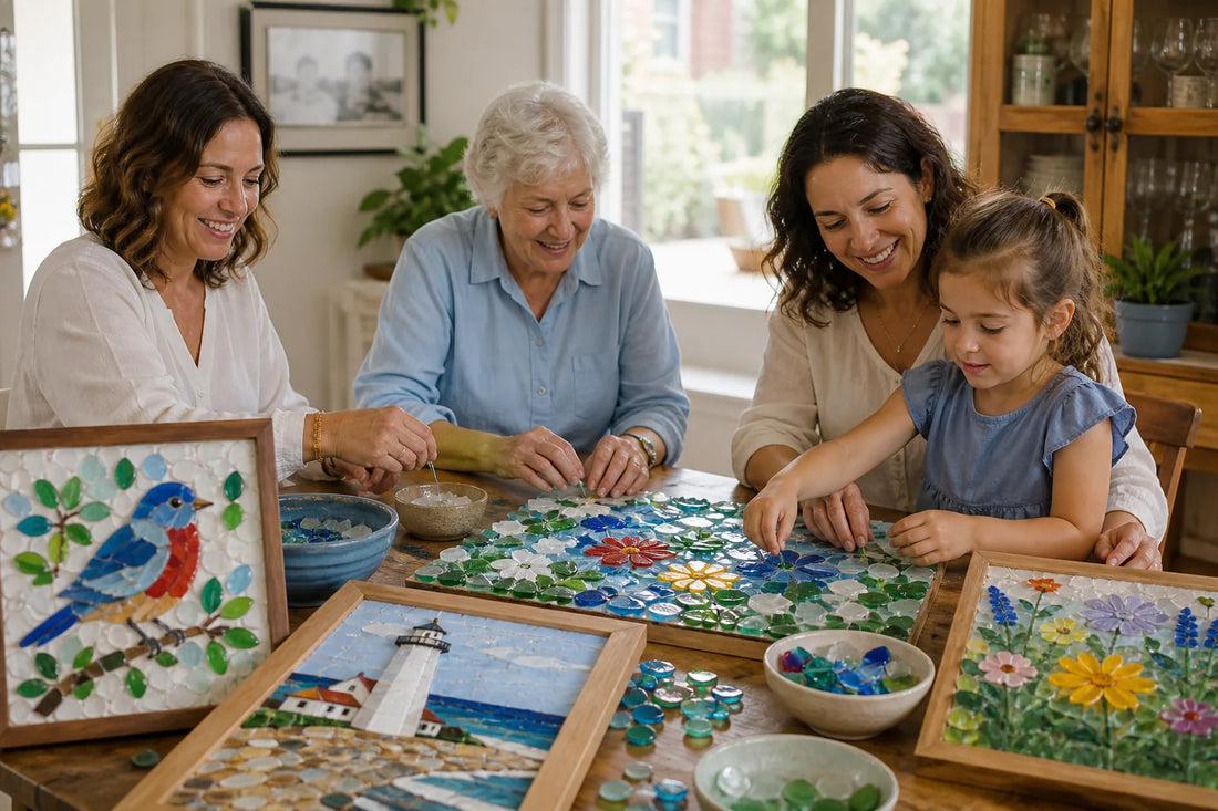 A multigenerational family enjoying a sea-glass-style mosaic craft project together