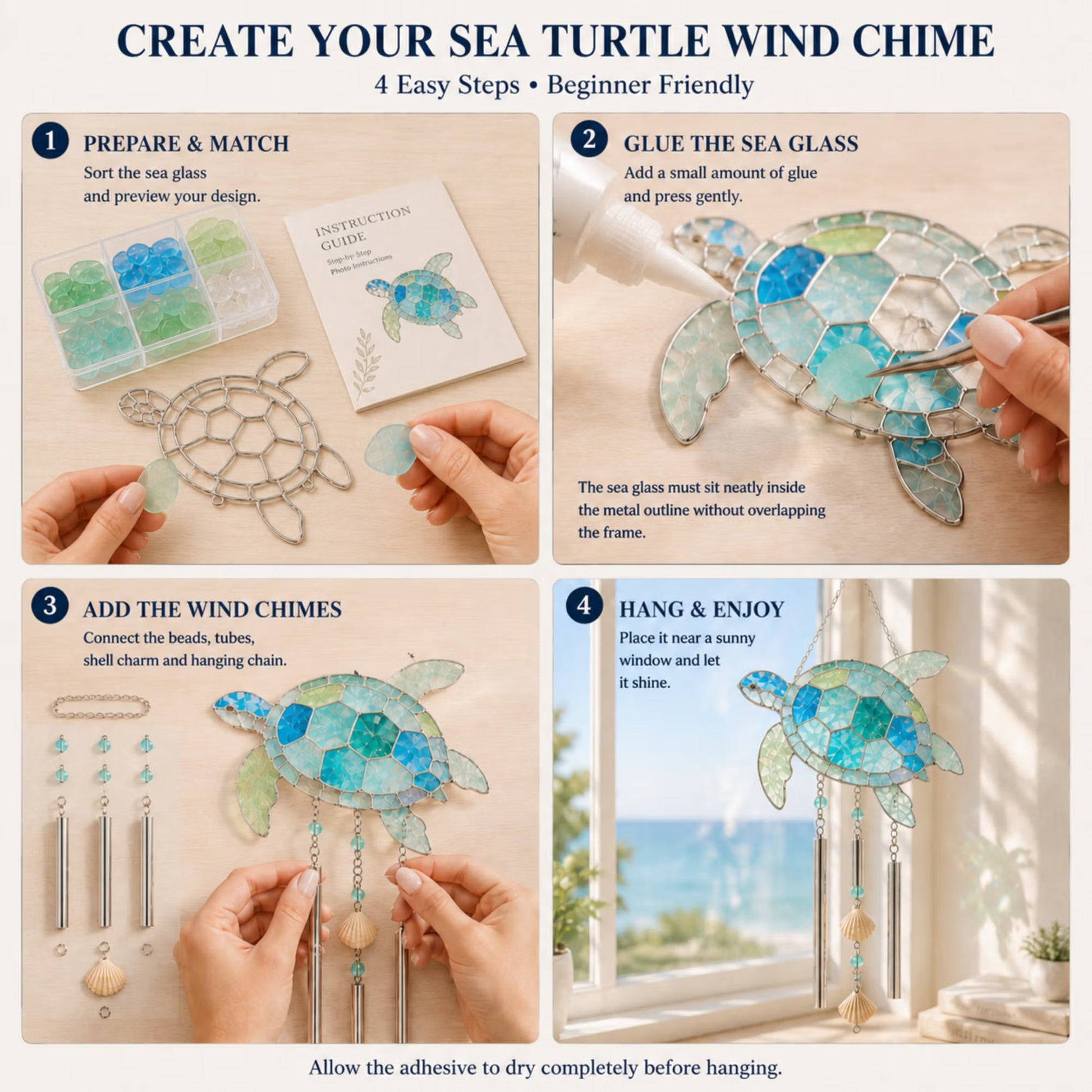 🔥Holiday Sale Now Open | 50% Discount🎉Personalized Coastal Glow Sea Glass Suncatcher Wind Chime Kit Collection with Text, Home Decor, Birthday Gift for Ocean Lovers