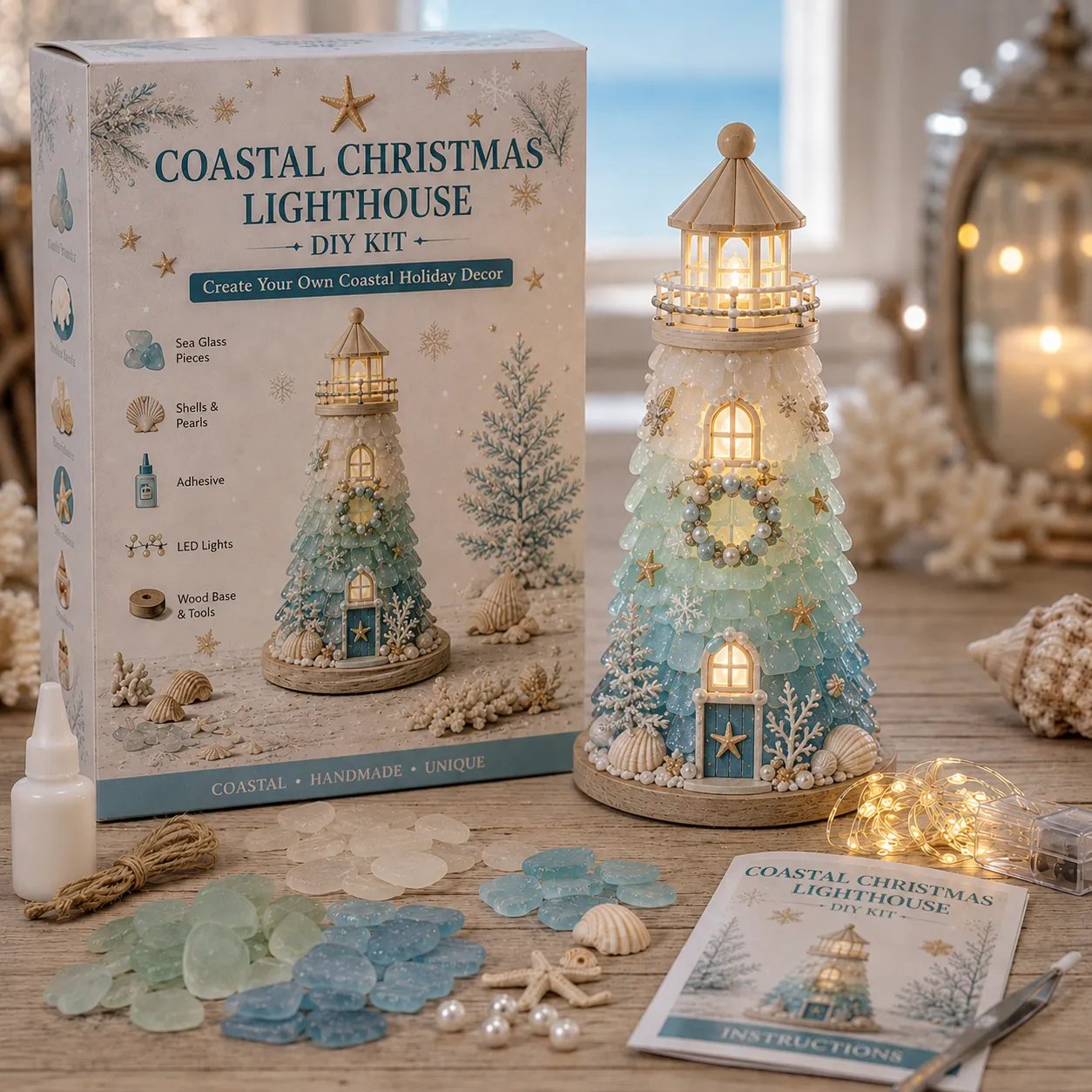 🌊 Beginner-Friendly DIY Lighted Sea Glass-Style Lighthouse Kit Collection | Complete Kit with Sea Glass-Style Pieces, LED Lights & Step-by-Step Guide Included 💕