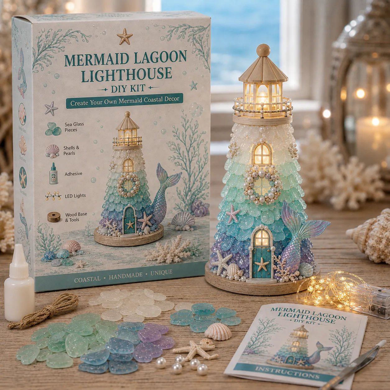 🌊 Beginner-Friendly DIY Lighted Sea Glass-Style Lighthouse Kit Collection | Complete Kit with Sea Glass-Style Pieces, LED Lights & Step-by-Step Guide Included 💕