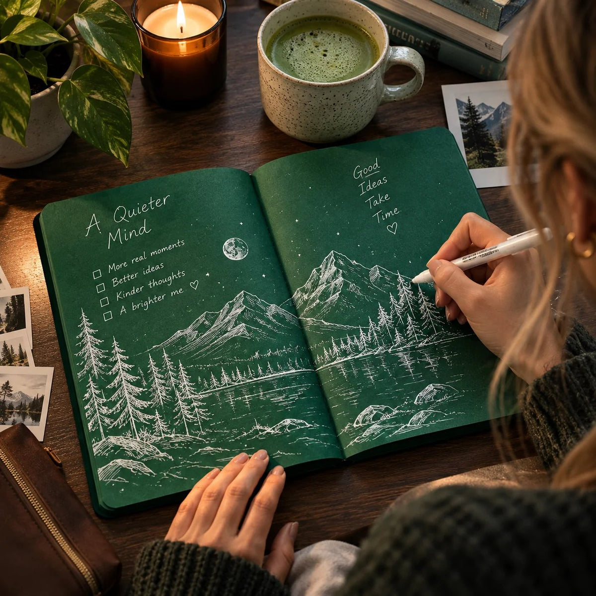 Deep Green Blank-Page Notebook with White Pen for Notes and Sketches