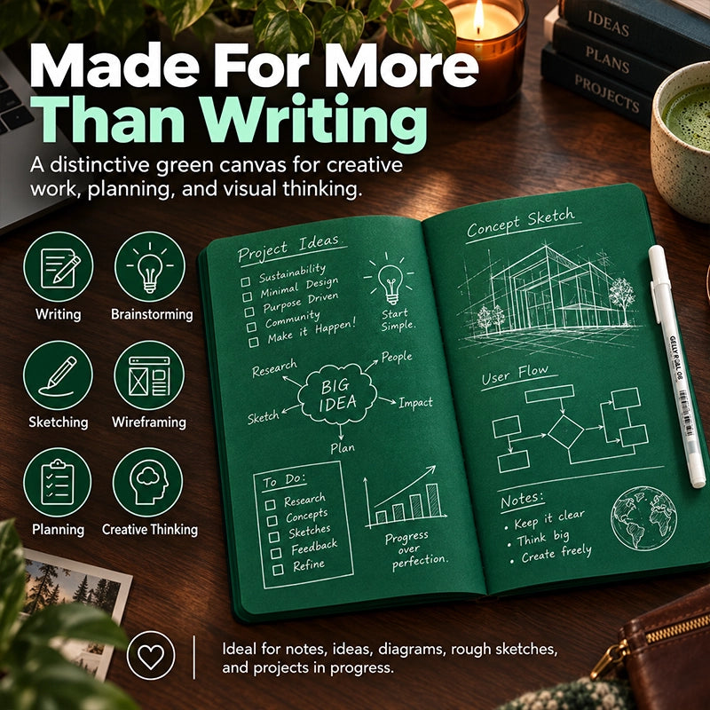 Deep Green Blank-Page Notebook with White Pen for Notes and Sketches