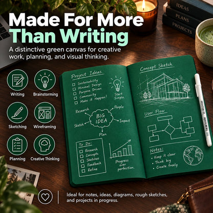 Deep Green Blank-Page Notebook with White Pen for Notes and Sketches
