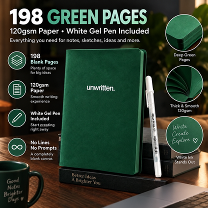 Deep Green Blank-Page Notebook with White Pen for Notes and Sketches