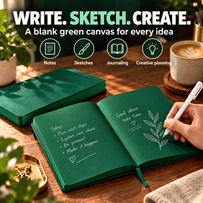Deep Green Blank-Page Notebook with White Pen for Notes and Sketches
