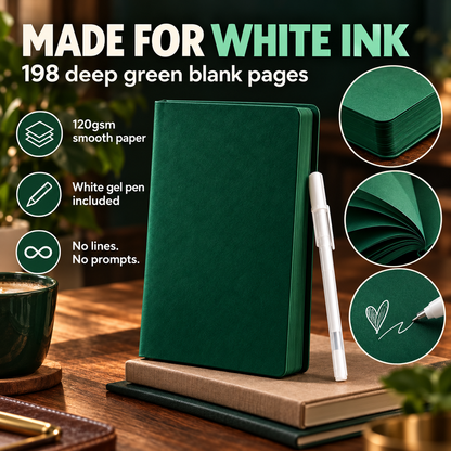 Deep Green Blank-Page Notebook with White Pen for Notes and Sketches