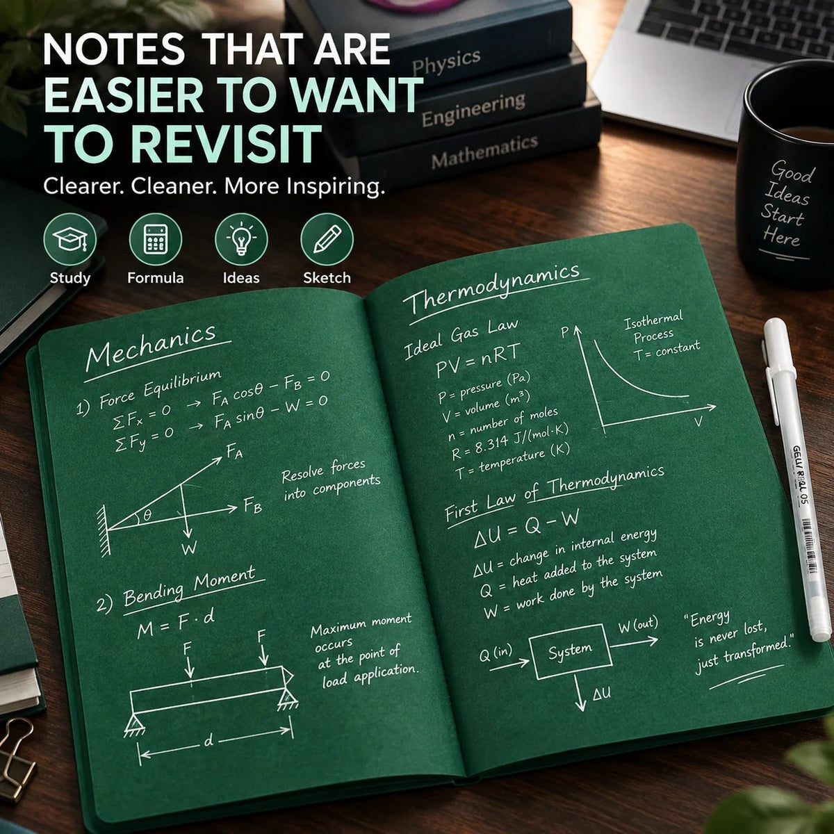 Deep Green Blank-Page Notebook with White Pen for Notes and Sketches