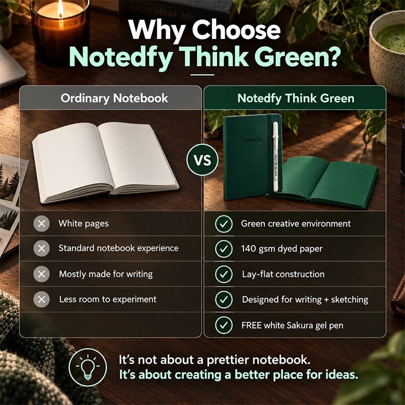 Deep Green Blank-Page Notebook with White Pen for Notes and Sketches