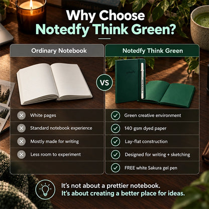 Deep Green Blank-Page Notebook with White Pen for Notes and Sketches