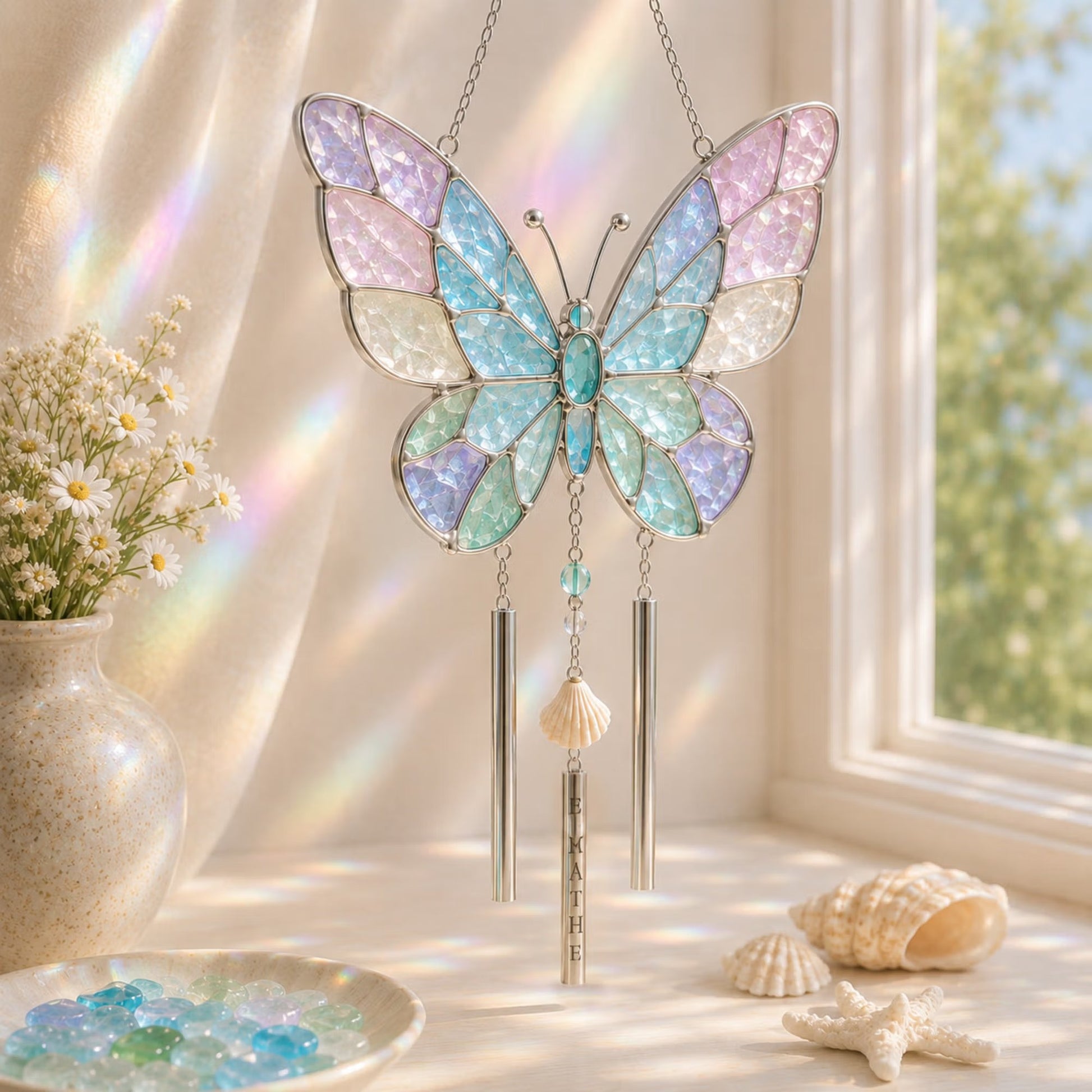 🔥Holiday Sale Now Open | 50% Discount🎉Personalized Coastal Glow Sea Glass Suncatcher Wind Chime Kit Collection with Text, Home Decor, Birthday Gift for Ocean Lovers