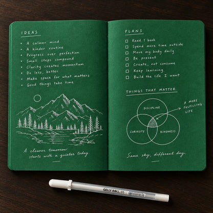 Deep Green Blank-Page Notebook with White Pen for Notes and Sketches