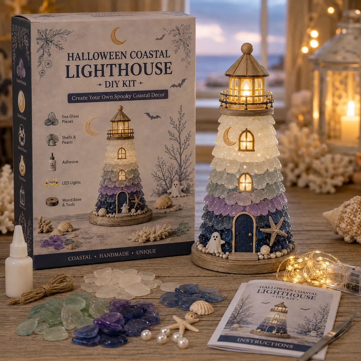 🌊 Beginner-Friendly DIY Lighted Sea Glass-Style Lighthouse Kit Collection | Complete Kit with Sea Glass-Style Pieces, LED Lights & Step-by-Step Guide Included 💕