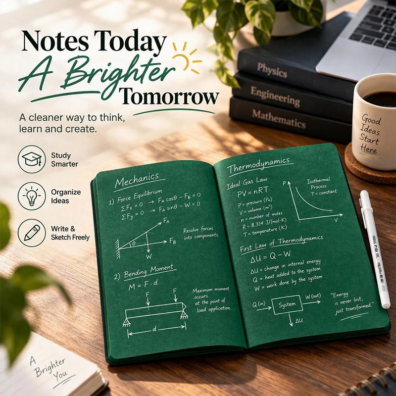 Deep Green Blank-Page Notebook with White Pen for Notes and Sketches