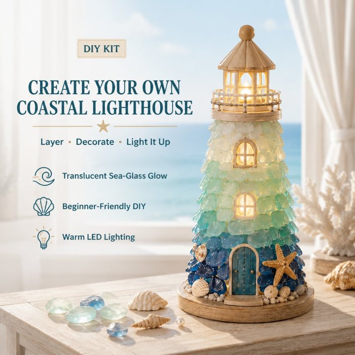 🌊 Beginner-Friendly DIY Lighted Sea Glass-Style Lighthouse Kit Collection | Complete Kit with Sea Glass-Style Pieces, LED Lights & Step-by-Step Guide Included 💕