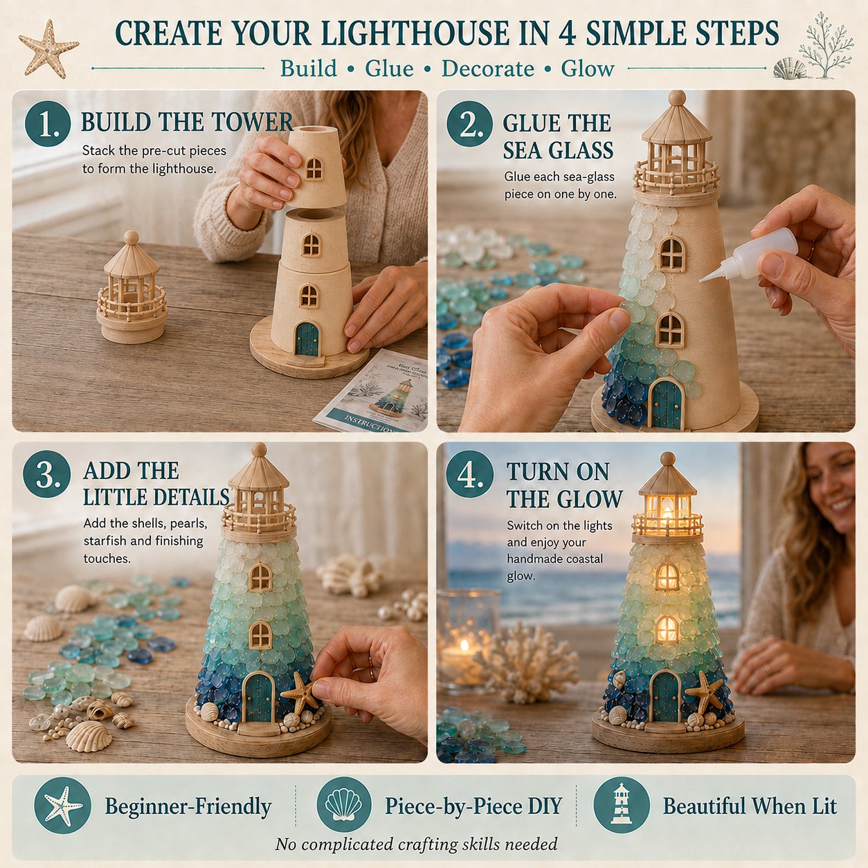 🌊 Beginner-Friendly DIY Lighted Sea Glass-Style Lighthouse Kit Collection | Complete Kit with Sea Glass-Style Pieces, LED Lights & Step-by-Step Guide Included 💕
